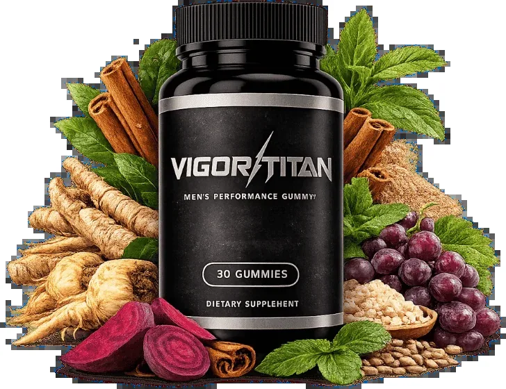 VigorTitan men's performance gummy bottle surrounded by its botanicals: maca root, ginseng, cinnamon, grapes, fenugreek seed and mint