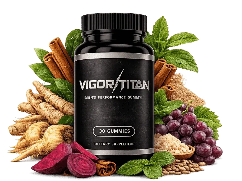 VigorTitan men's performance gummy bottle with maca root, ginseng, fenugreek and grapes