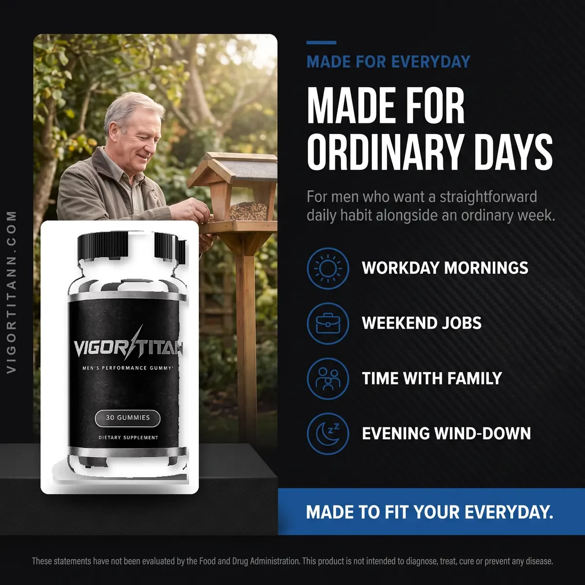 Who VigorTitan is for: men who want an easy daily vitality habit for workday mornings, weekend jobs, family time and evening wind-down